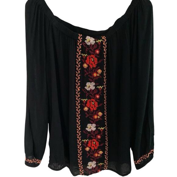 Old Navy Top Women's Size Small Black Embroidered Floral Peasant Blouse - Picture 1 of 7